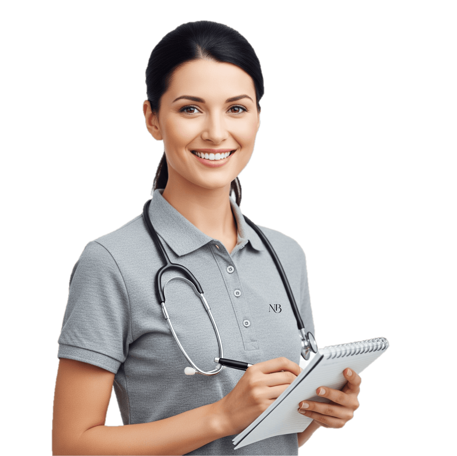 Uniformes de salud en Colombia Mujer medico con libreta tomando apuntes.